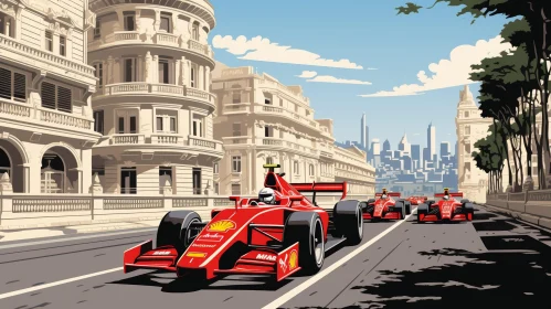Exciting Formula 1 Race Illustration in City Setting