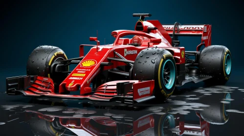Red Formula 1 Race Car on Wet Track