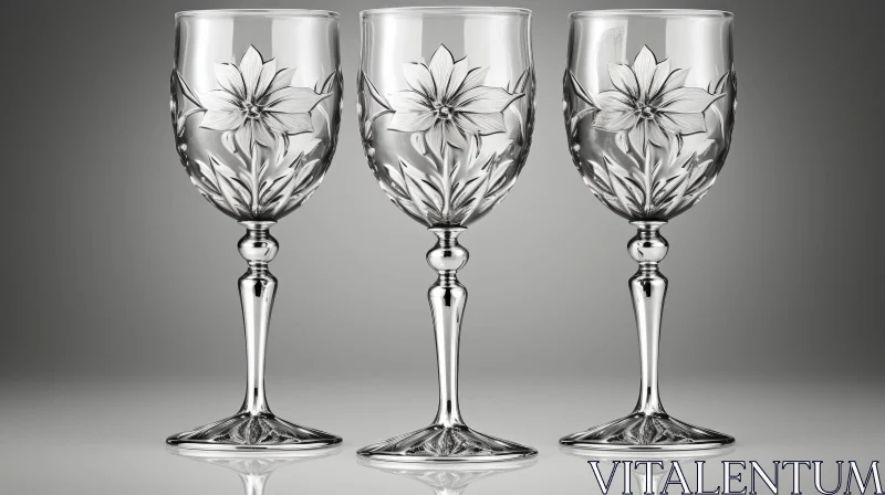 Silver Wine Glasses with Floral Pattern on Gray Background AI Image