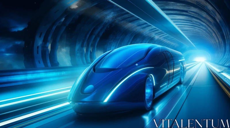 AI ART Speeding Blue Futuristic Car in Dark Tunnel
