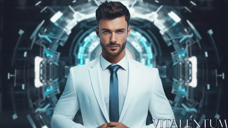 Confident Young Man in White Suit in Futuristic Tunnel AI Image