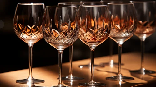 Crystal Wine Glasses Arrangement on Dark Wood Table