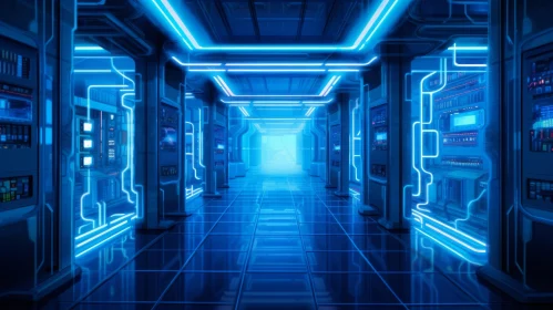 Futuristic Neon Corridor with Machines and Radiant Light