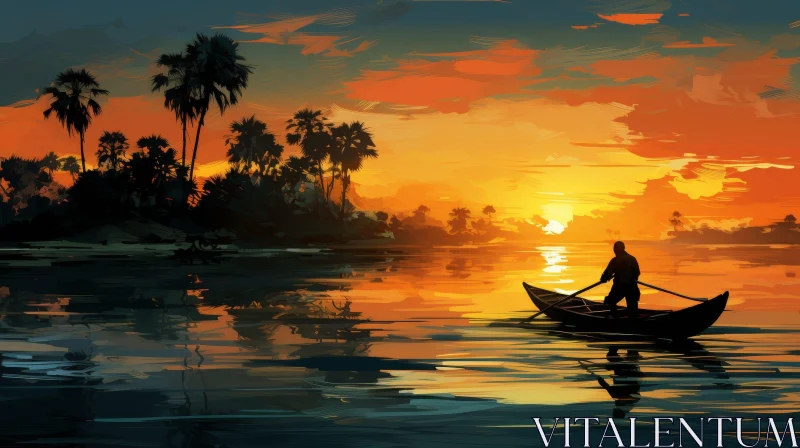 AI ART Man Rowing Boat on Calm River at Sunset