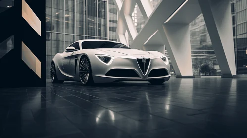 Sleek White Coupe Parked Beside a Stunning Glass Building