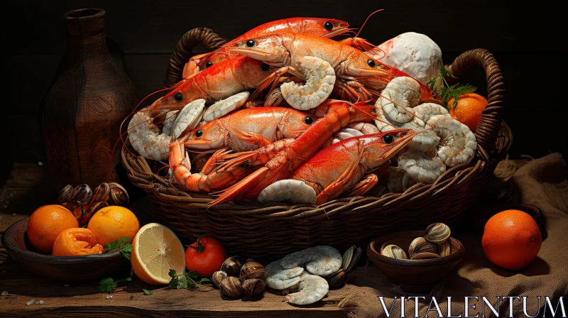 AI ART Fresh Seafood Still Life on Wooden Table