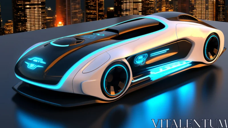 AI ART Sleek Futuristic Sports Car with Blue Neon Lights in Dark City