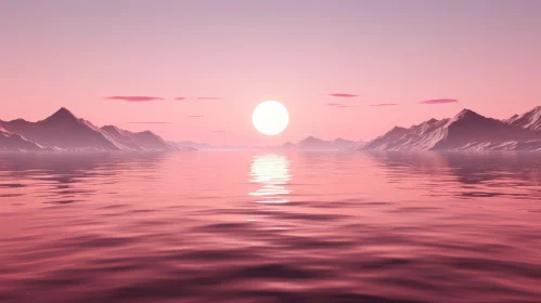 Serene Pink Lake Landscape with Snow-Capped Mountains