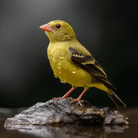Yellow Bird on a Rock Amidst Water Droplets