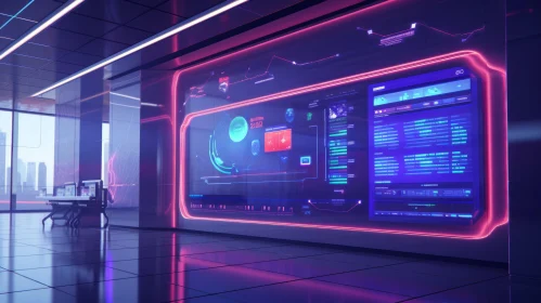 Futuristic Control Room with Data Screens and Neon Lights