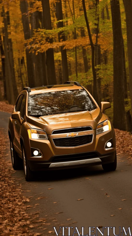 Golden SUV Road Trip through Enchanting Forest | Chevrolet Crossover AI Image