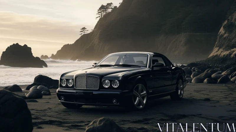 Luxurious Opulence: Black Car on Beach and Rocks AI Image