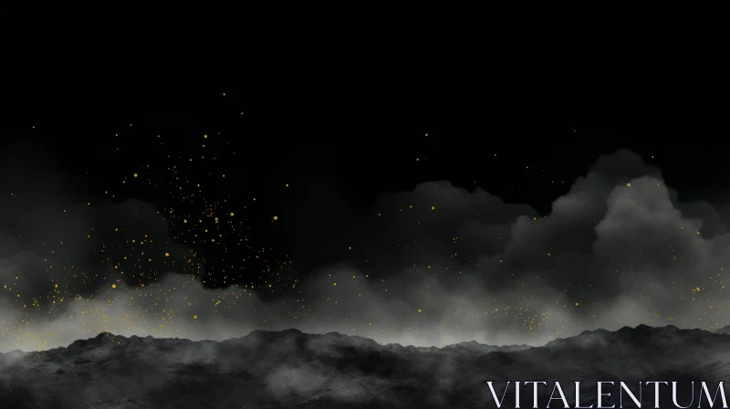 AI ART Mysterious Foggy Landscape with Mountains and Glowing Particles