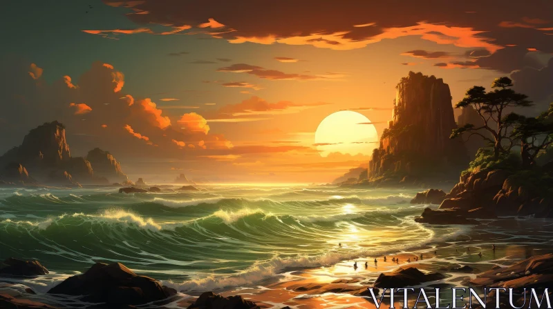 Tranquil Beach Sunset Landscape AI Image