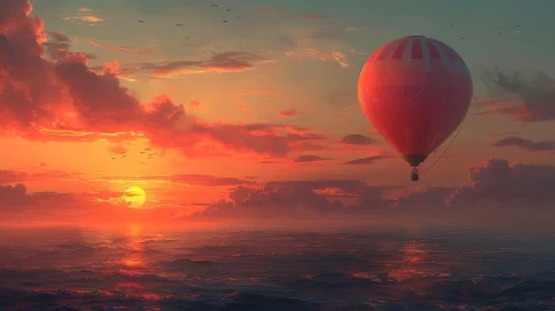 Tranquil Ocean Sunset with Hot Air Balloon