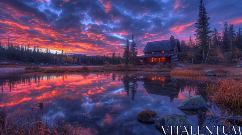 Tranquil Sunset at Lake Cabin: A Captivating View AI Image