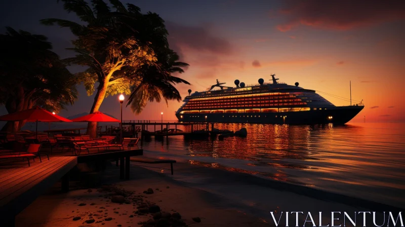 Tranquil Sunset Over Ocean with Cruise Ship and Palm Trees AI Image