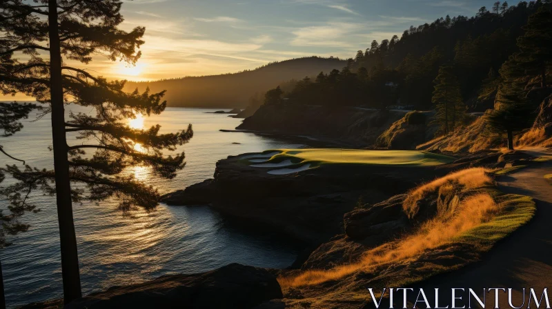 AI ART Golden Sunset Golf Course on Cliff