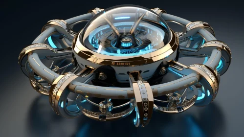 Futuristic Golden and Blue Watch with Gears - 3D Rendering