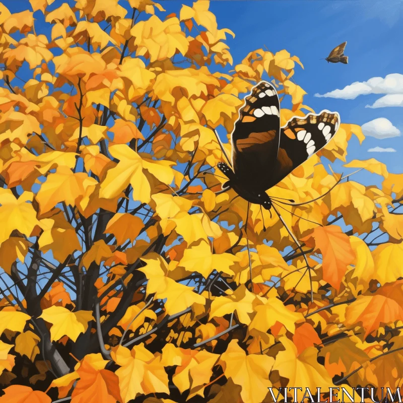 Joyful Celebration of Nature: Butterfly Amidst Autumn Leaves AI Image