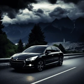 Black Car Driving in Dark Night with Mountains | Luxurious