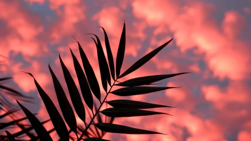 Silhouette of Palm Leaf at Vibrant Sunset Sky