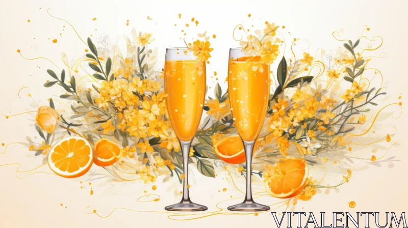 Champagne Glasses with Orange Juice and Flowers AI Image