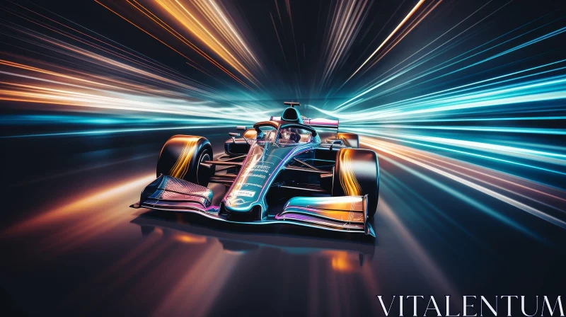 Formula 1 Racing Car Speeding in Blue and Orange AI Image
