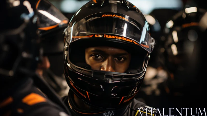 AI ART Intense Moment in Race Car - Black Helmet, Orange Accents