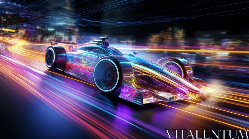 Night Racing: Formula 1 Car Speeding through Neon-Lit Cityscape AI Image