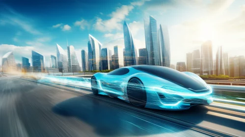 Sleek Blue Futuristic Car Racing Through Urban Landscape