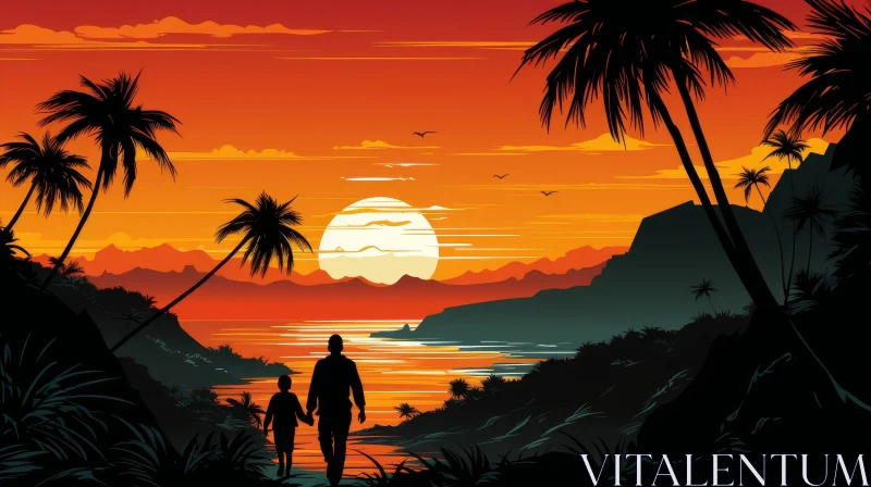 Tranquil Sunset Beach Scene Overlooking Ocean AI Image