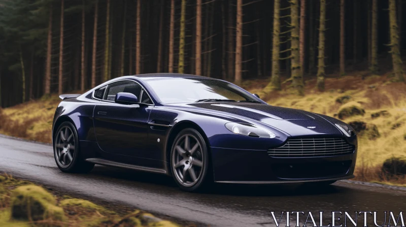 Blue Sports Car Speeding Through Forest | Traditional British Landscape AI Image