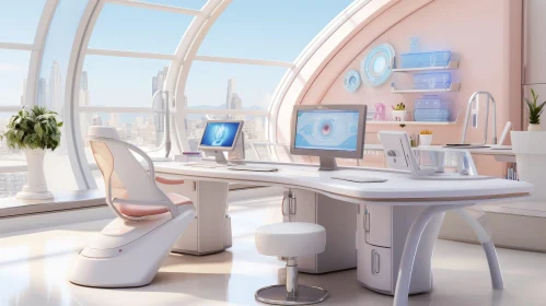Futuristic Medical Office with City Skyline View