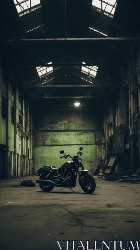 Gothic Motorcycle in Dimly Lit Warehouse - Powerful and Emotive Portraiture AI Image