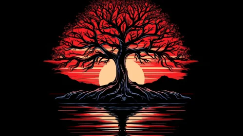 Majestic Tree at Sunset - Digital Art