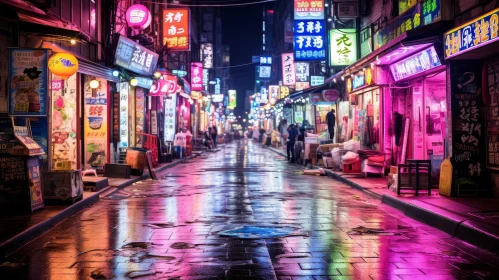 Night City Street with Neon Lights and Rain Reflections