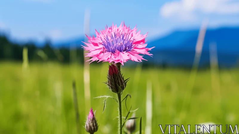 Romanticized View of Pink Flower in Green Field AI Image