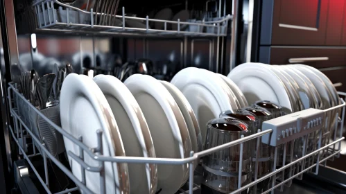 Efficient Stainless Steel Dishwasher with Utensils AI Image
