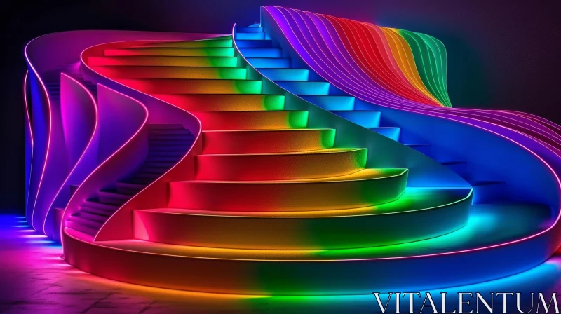AI ART Rainbow Lights White Marble Staircase