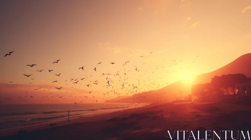 Birds Flying over Ocean at Sunset AI Image