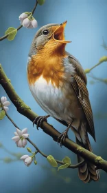 Intricate Hand-Drawn Robin Singing in a Blooming Garden