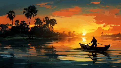 Man Rowing Boat on Calm River at Sunset