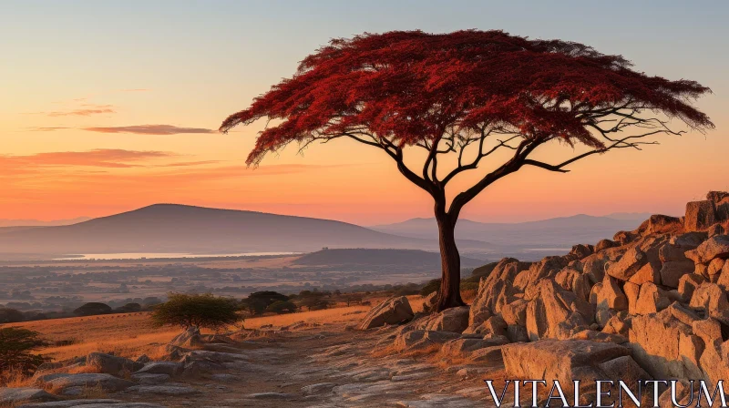 AI ART Majestic Red Tree Landscape - Tranquil Nature Scene