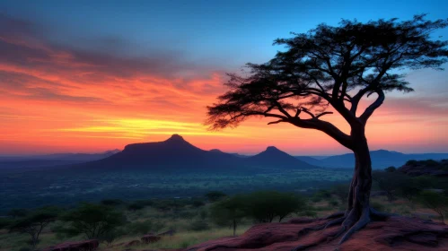 African Landscape with Majestic Tree at Sunset