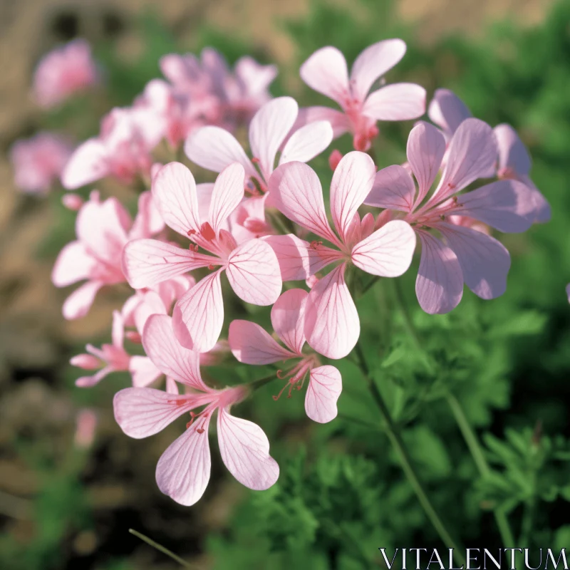 Close-up of Blooming Geranium Flowers in Sandy Soil AI Image