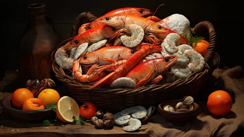 Fresh Seafood Still Life on Wooden Table