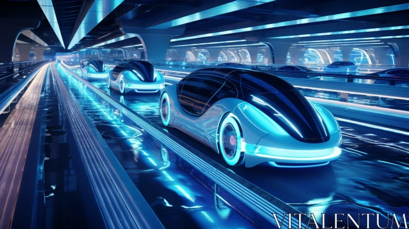 AI ART Futuristic Driverless Cars in Glowing Blue Light Tunnel