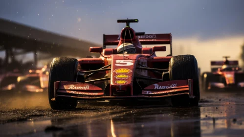 Intense Formula 1 Racing in the Rain: Red Car Number 5