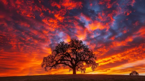 Majestic Tree in Field at Sunset